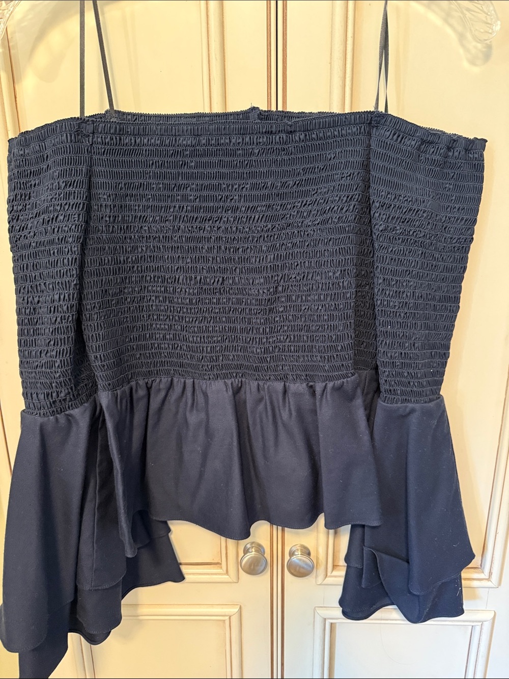 Amanda Uprichard Navy Blue Ruffle Beachwood Off-Shoulder Women's Top
